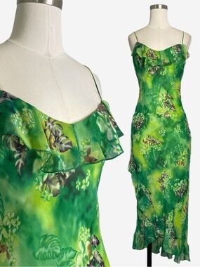 Vintage Y2K Lapis Green tropical floral silk asymmetric slip midi dress XS/S